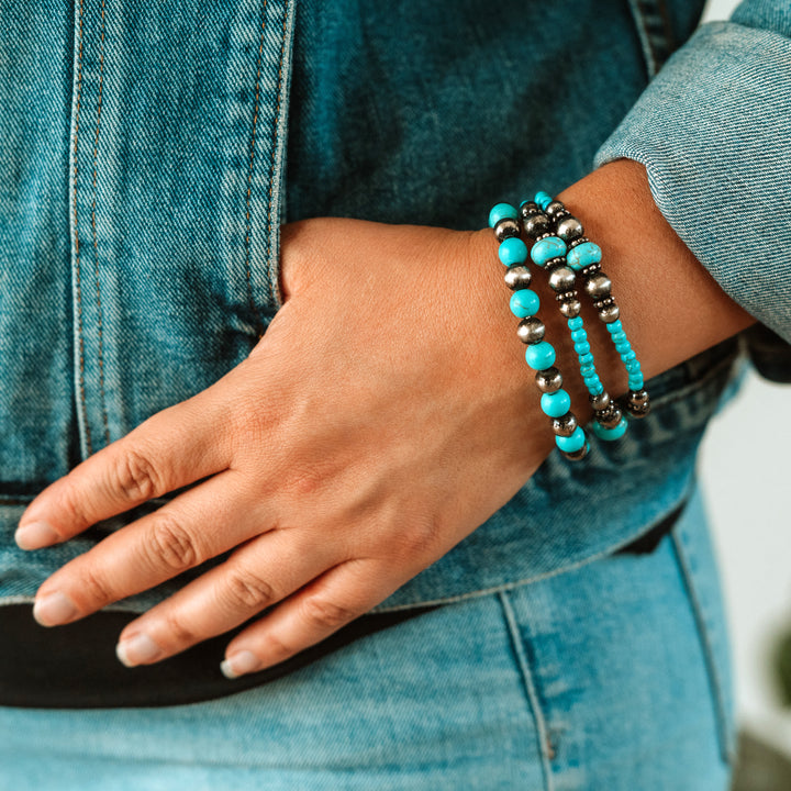 Triple Turquoise and Silver Stretch Bracelets - Wyo-Horse - cheap cowgirl western fashion jewelry
