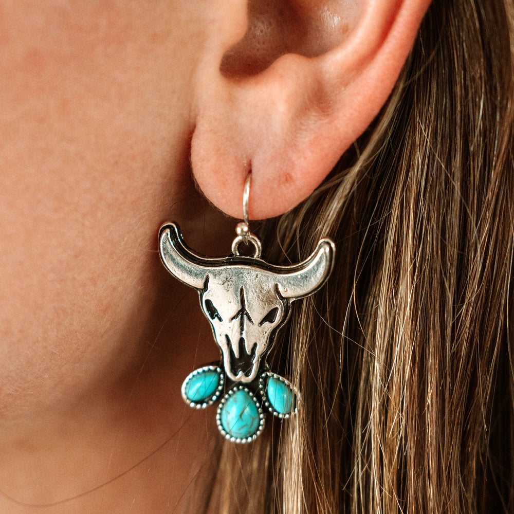 Steer Head with 3 Turquoise Stones Earrings - Wyo-Horse - cheap cowgirl western fashion jewelry