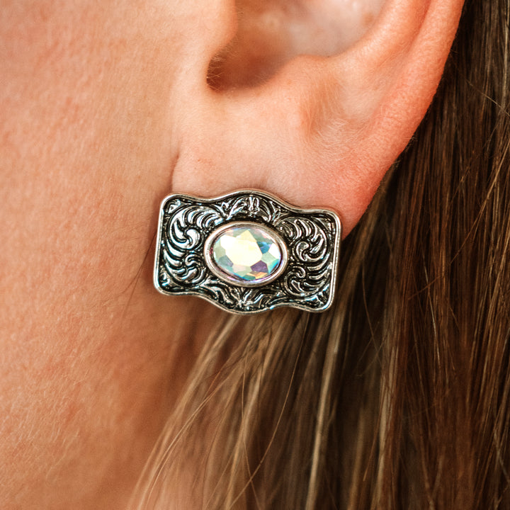 Small Buckle Earrings AB Rhinestone or Turquoise Stones - Wyo-Horse - cheap cowgirl western fashion jewelry