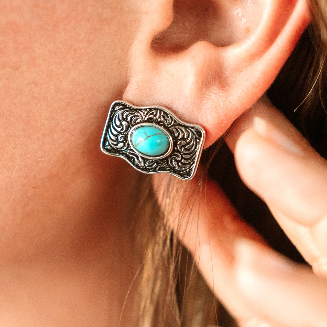 Small Buckle Earrings AB Rhinestone or Turquoise Stones - Wyo-Horse - cheap cowgirl western fashion jewelry