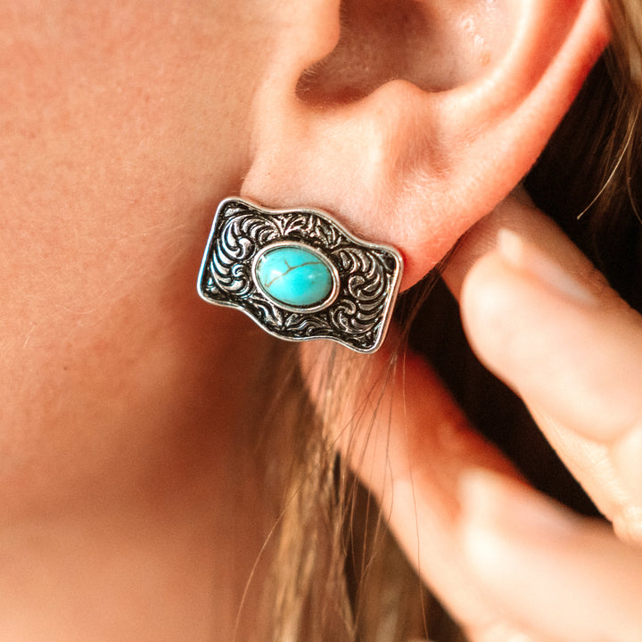 Small Buckle Earrings AB Rhinestone or Turquoise Stones - Wyo-Horse - cheap cowgirl western fashion jewelry