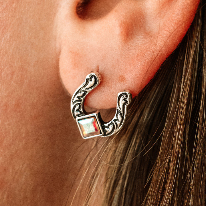 Horseshoe Stud Earrrings Turquoise or AB Rhinestones - Wyo-Horse - cheap cowgirl western fashion jewelry