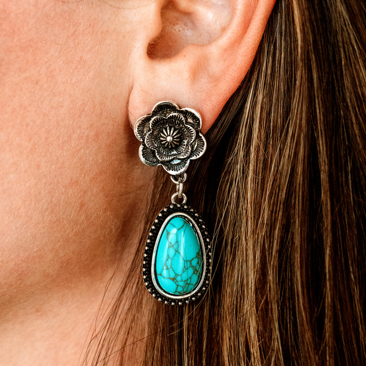 Blossom and Turquoise Drop Earrings - Wyo-Horse - cheap cowgirl western fashion jewelry