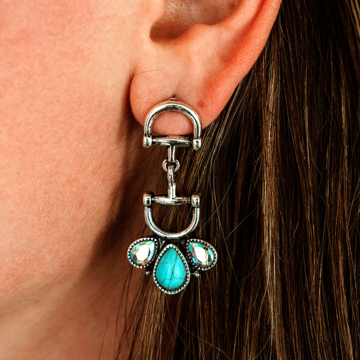 Snaffle Bit Earrings with Turquoise and AB Stones - Wyo-Horse - cheap cowgirl western fashion jewelry