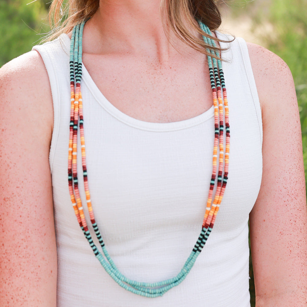 Long Seed Bead Necklace Set - Turquoise-Wyo-Horse