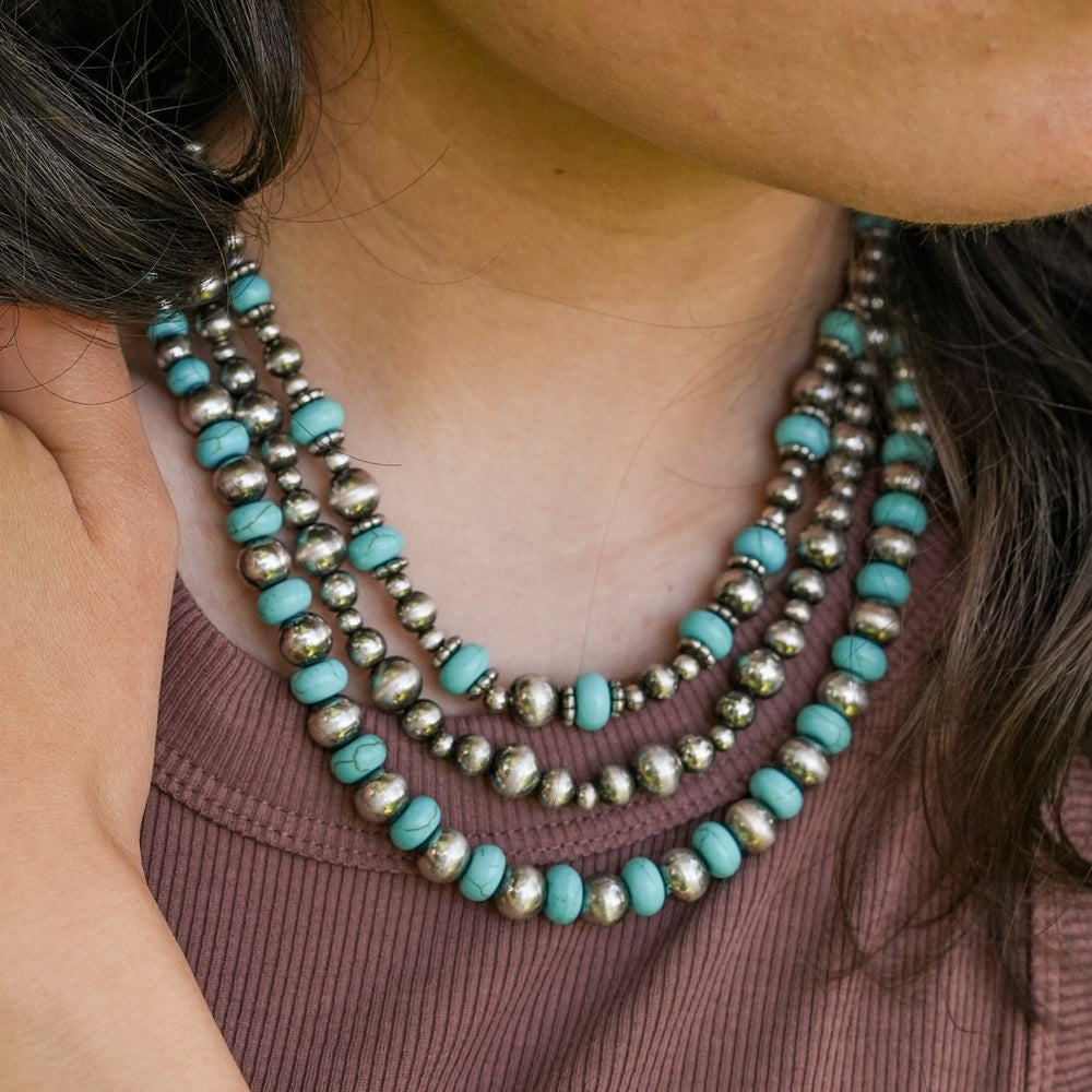 Triple Strand Stone and Silver Bead Necklace 16" - 4 Color Options - Package (3)-Wyo-Horse