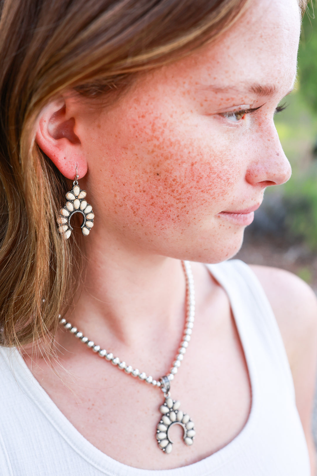 Stone Set Squash Blossom Earrings - Ivory, Turquoise and Denim Blue