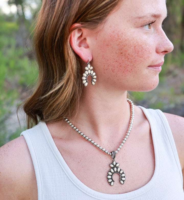 Stone Set Squash Blossom Necklace Set - Turquoise, Ivory, Denim Blue-Wyo-Horse