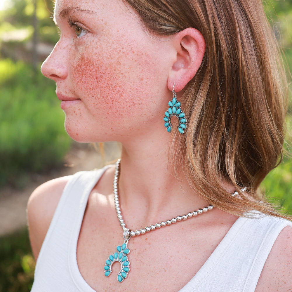 Stone Set Squash Blossom Necklace Set - Turquoise, Ivory, Denim Blue-Wyo-Horse