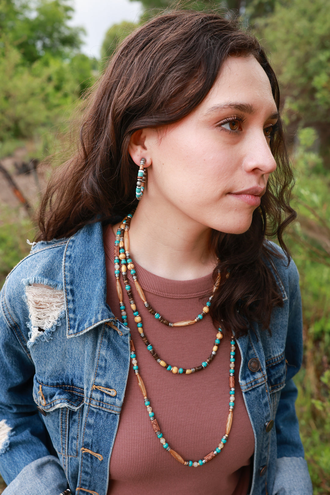 Triple Long Bead Necklace Set - Brown-Wyo-Horse