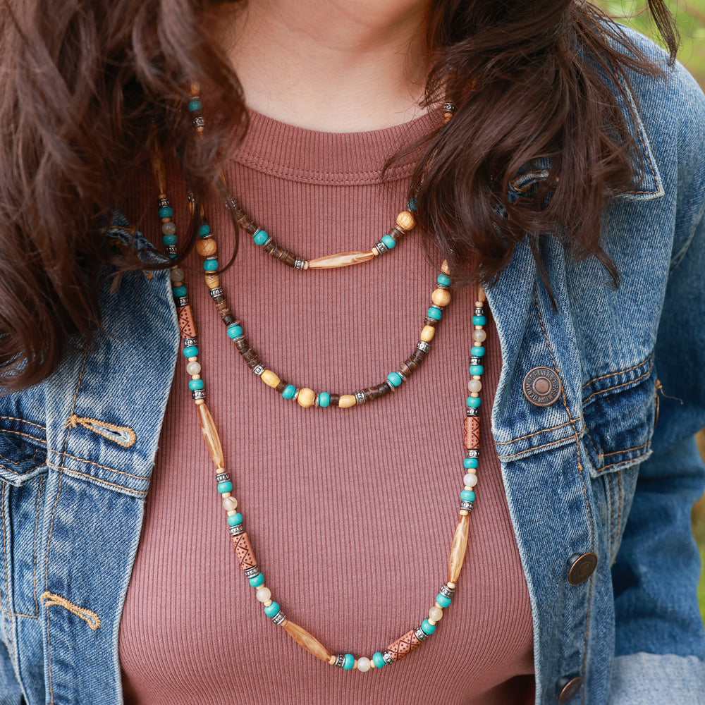 Triple Long Bead Necklace Set - Brown-Wyo-Horse