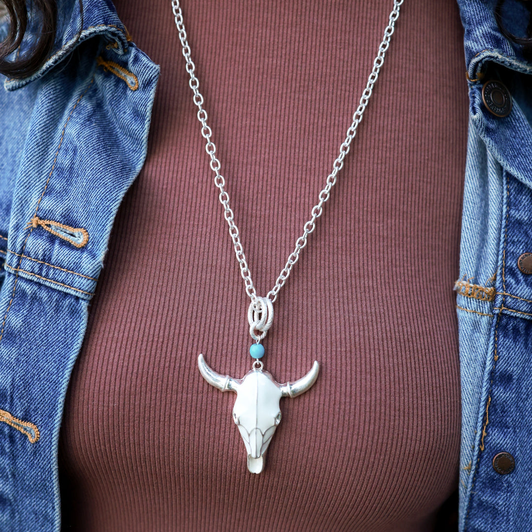 White Enamel Steer Skull Necklace & Earring Set- Silver or Gold-Wyo-Horse
