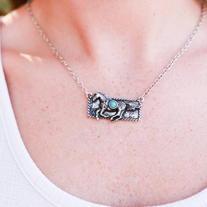 Native Horse Necklace - Silver-Wyo-Horse