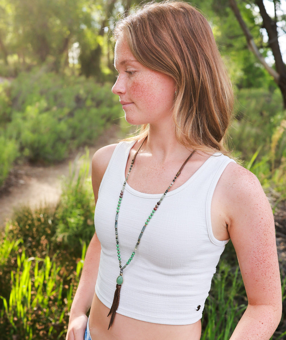 Long Faceted Glass Bead Necklace with Shiny Suede Tassel-Wyo-Horse