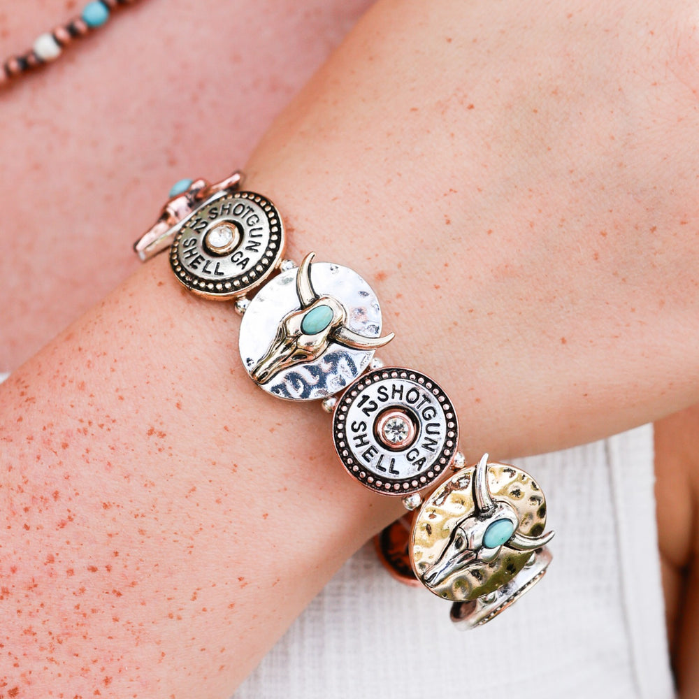 Steer Skull and Shotgun Shell Stretch Bracelet - Patina or Three-tone-Wyo-Horse