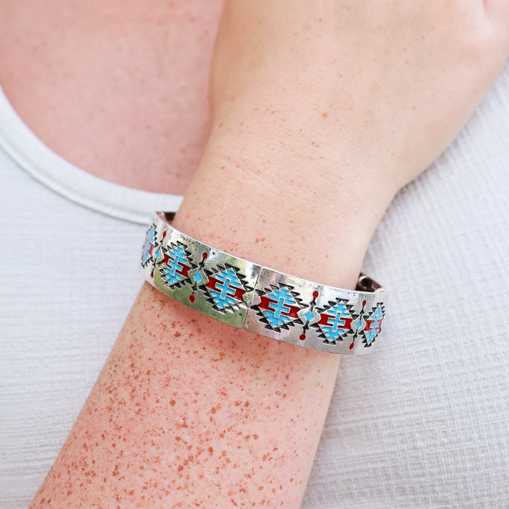 Enameled Navajo Stretch Bracelet - Red Black & Turquoise-Wyo-Horse