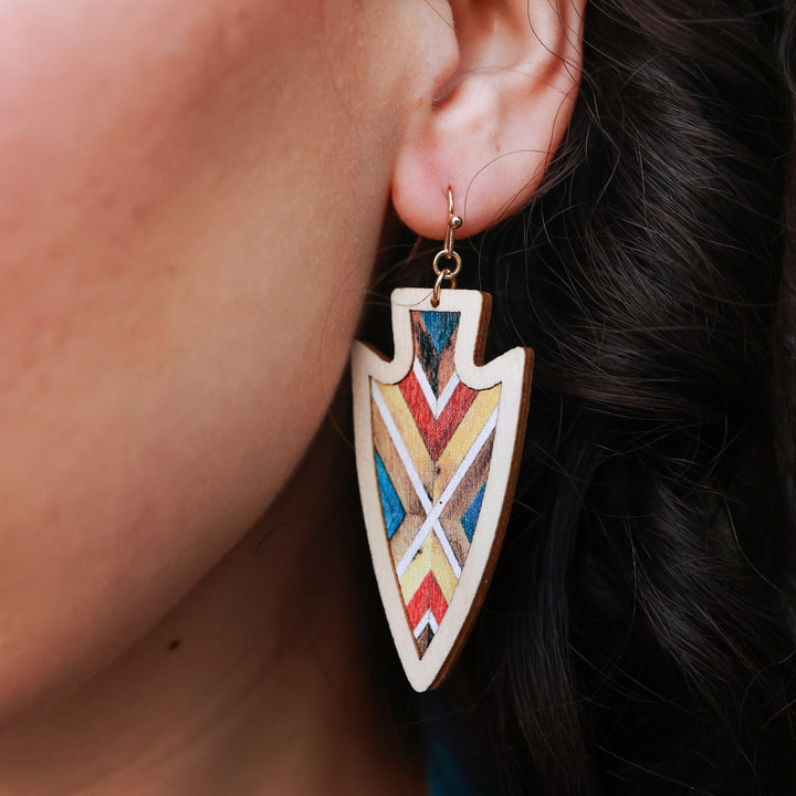 Arrowhead Chevron Wood Earrings - Natural and Red