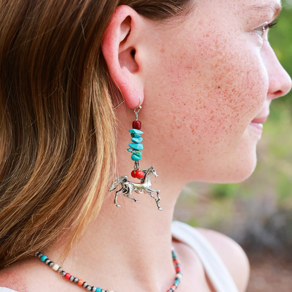 Turquoise Tumbled Stone Drop Horse Earrings