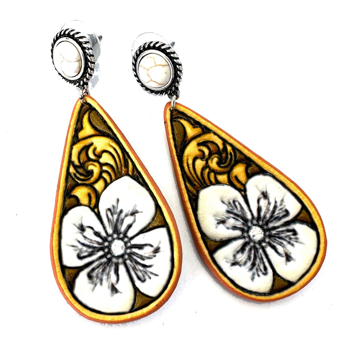 Tooled Stamped Flower Earrings - Ivory or Turquoise