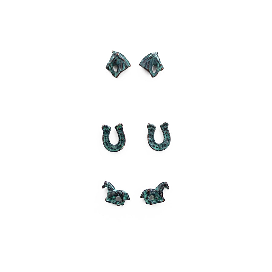 Set of Three Horse Earrings - Copper, Patina, Gold or Silver