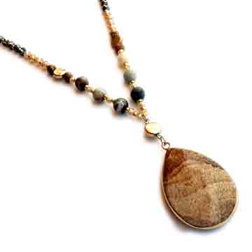 Long Beaded Necklace with Stone Teardrop Pendant - Turquoise-Wyo-Horse
