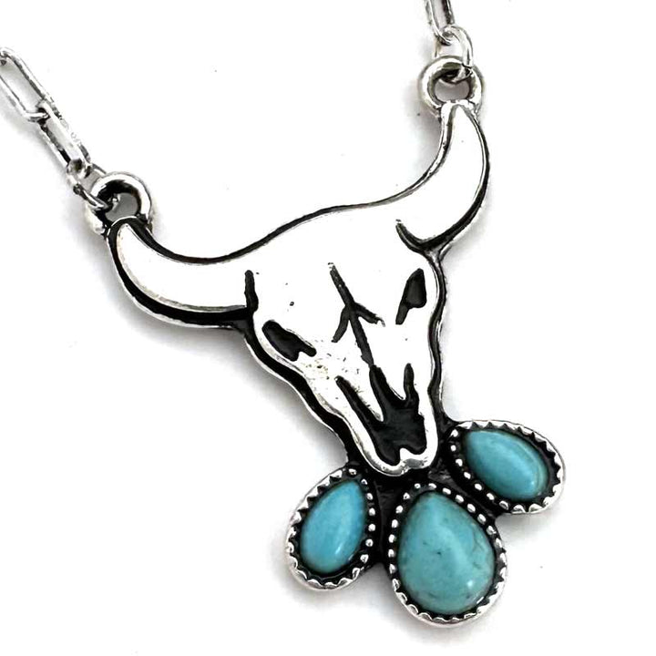 Steer Head with 3 Turquoise Stones Necklace - Wyo-Horse - cheap cowgirl western fashion jewelry