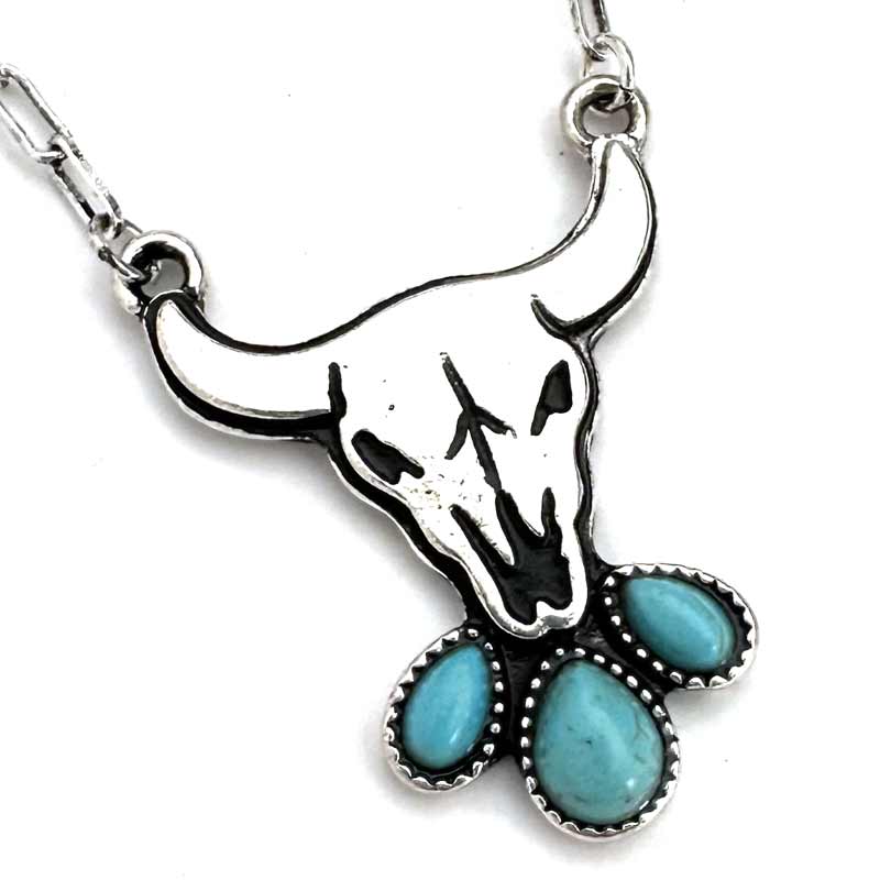 Steer Head with 3 Turquoise Stones Necklace - Wyo-Horse - cheap cowgirl western fashion jewelry