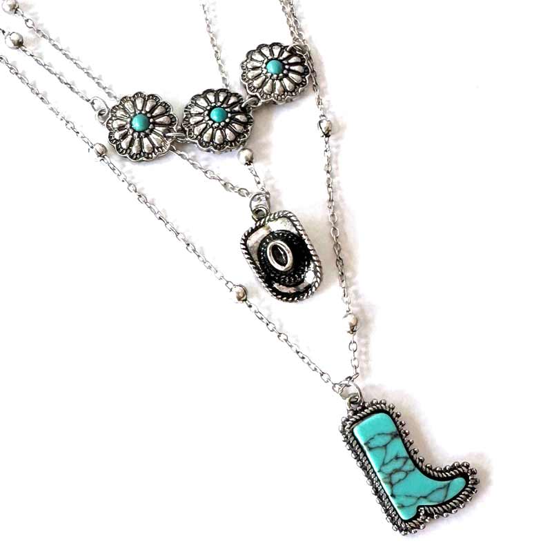 Triple Layered Western Charm Turquoise Necklace - Wyo-Horse - cheap cowgirl western fashion jewelry
