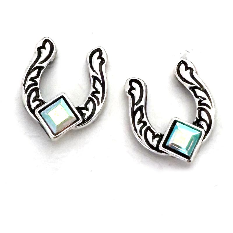 Horseshoe Stud Earrrings Turquoise or AB Rhinestones - Wyo-Horse - cheap cowgirl western fashion jewelry