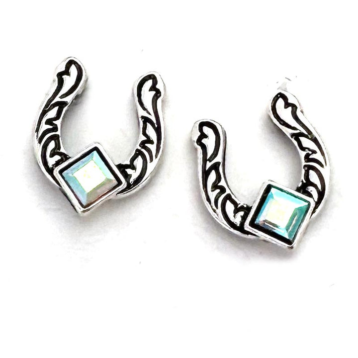 Horseshoe Stud Earrrings Turquoise or AB Rhinestones - Wyo-Horse - cheap cowgirl western fashion jewelry